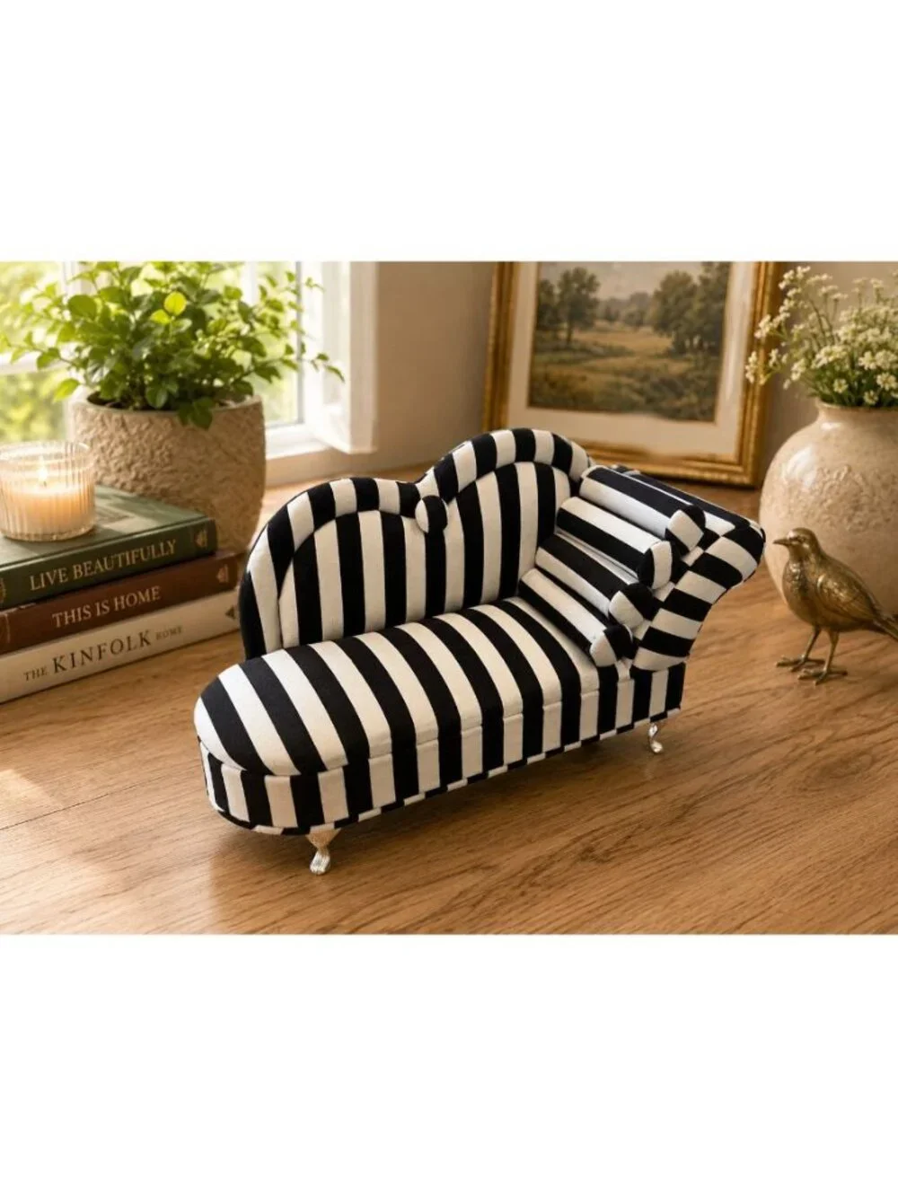 New Black & White Stripped Doll Chaise Jewelry Box Organizer Couch Jewelry Box